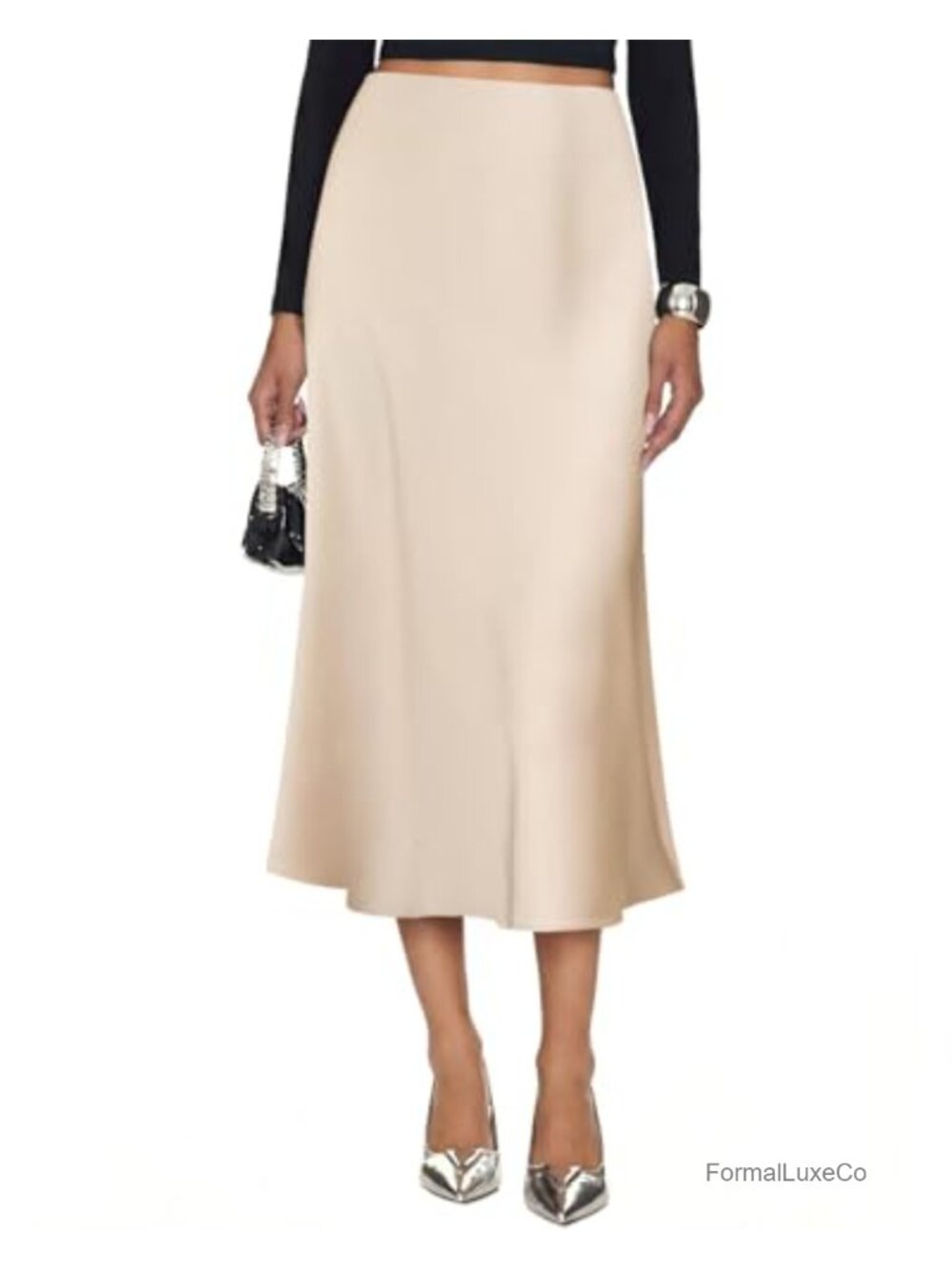 Satin Midi Skirt High Waisted A-Line Flared Hem Party Skirt